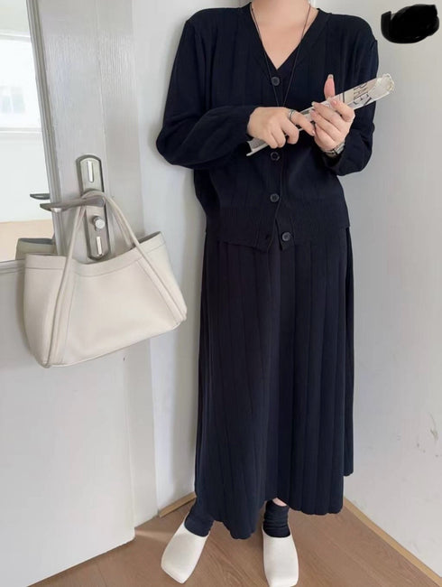 Winter Button Down Cardigan With Skirts Sets